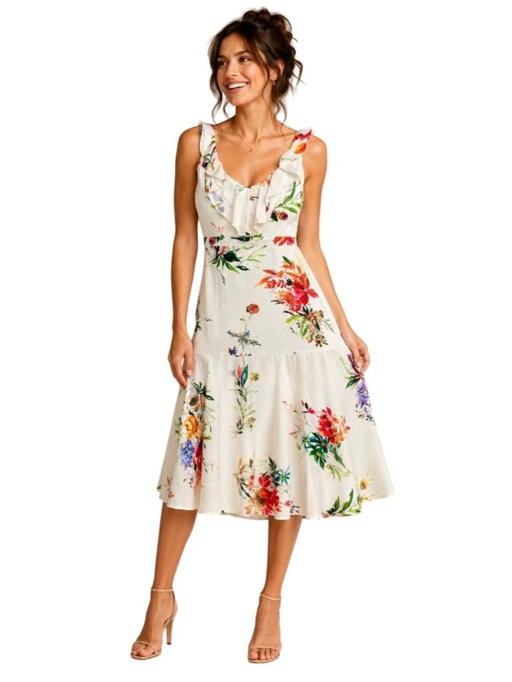 Regina Salomao Floral Midi Dress Sz S Sleeveless Ruffle Wedding Guest Romantic